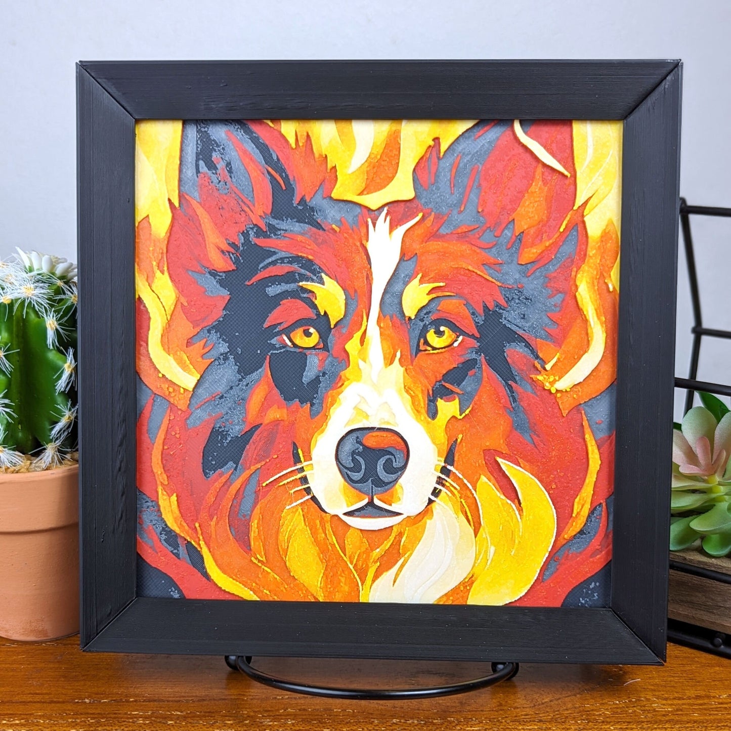 Abstract Border Collie Portrait in Orange, Red, and Yellow Flames