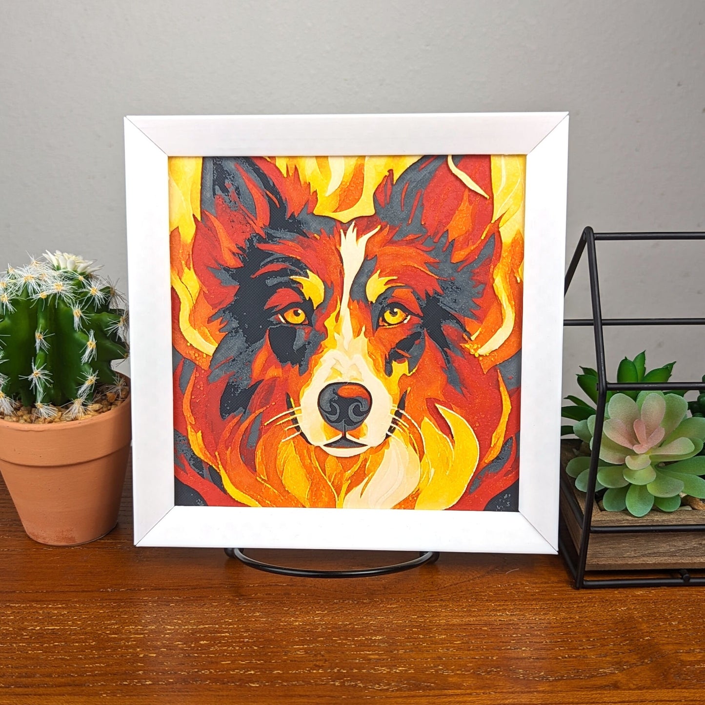 Abstract Border Collie Portrait in Orange, Red, and Yellow Flames