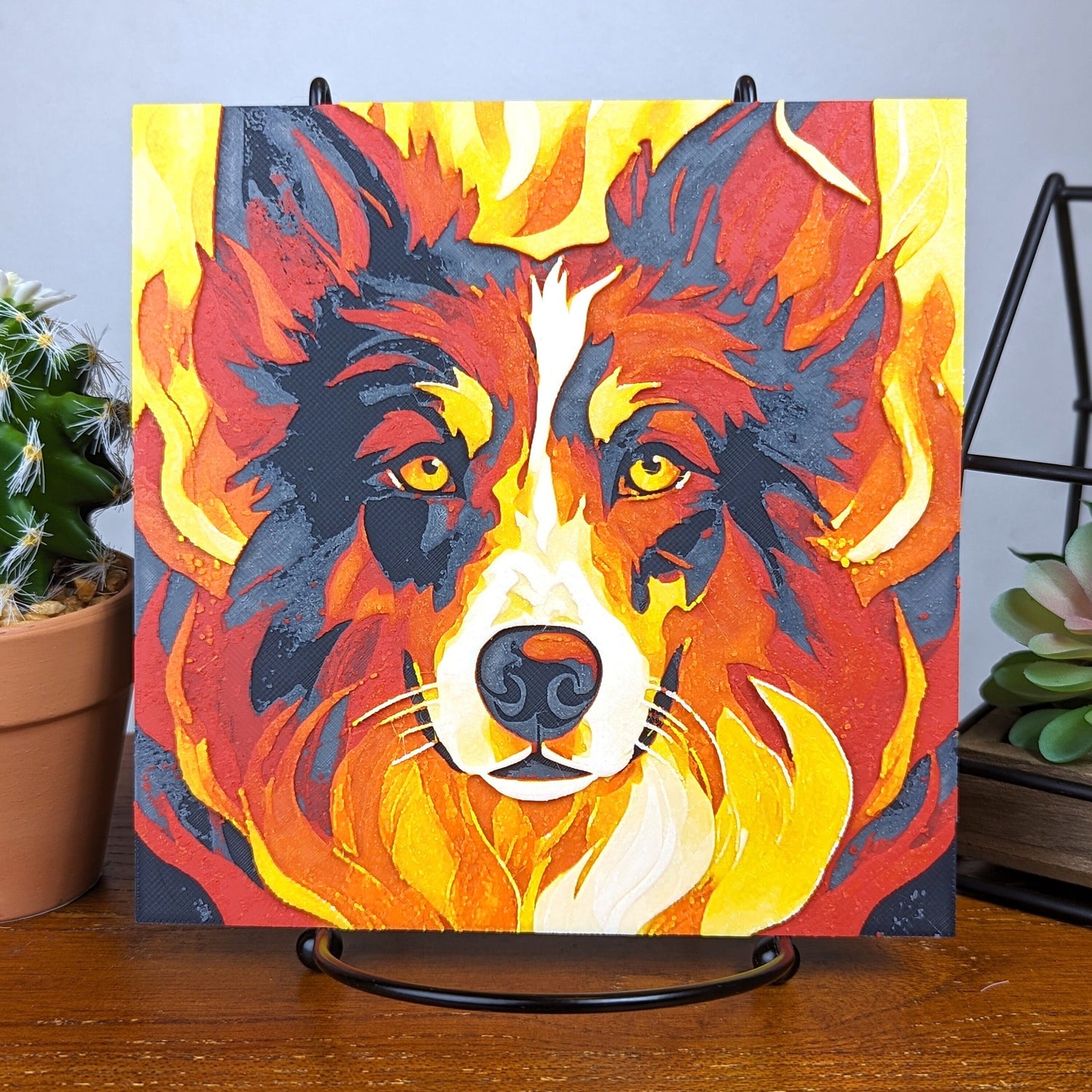 Abstract Border Collie Portrait in Orange, Red, and Yellow Flames