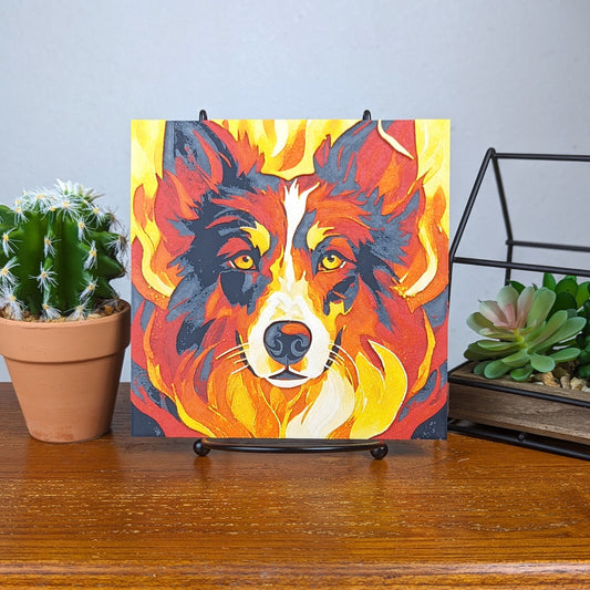 Abstract Border Collie Portrait in Orange, Red, and Yellow Flames